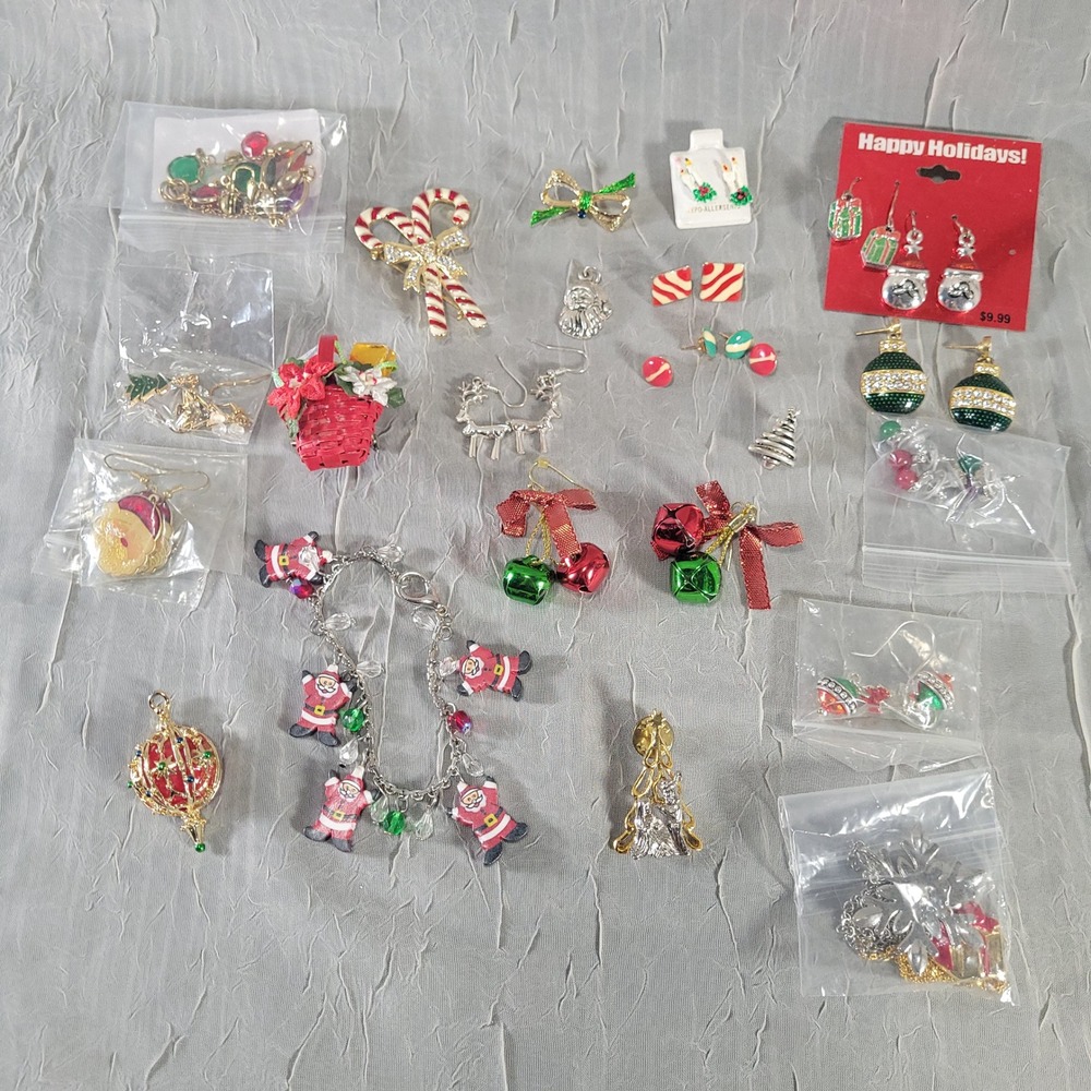 Christmas Jewelry Dealer Lot Red Green Gold Santa Reindeer Festive Earrings Pins